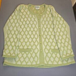 Aran Crafts 100% Marino Wool Irish Knit Cardigan- Cream and Pale Green- Size XL